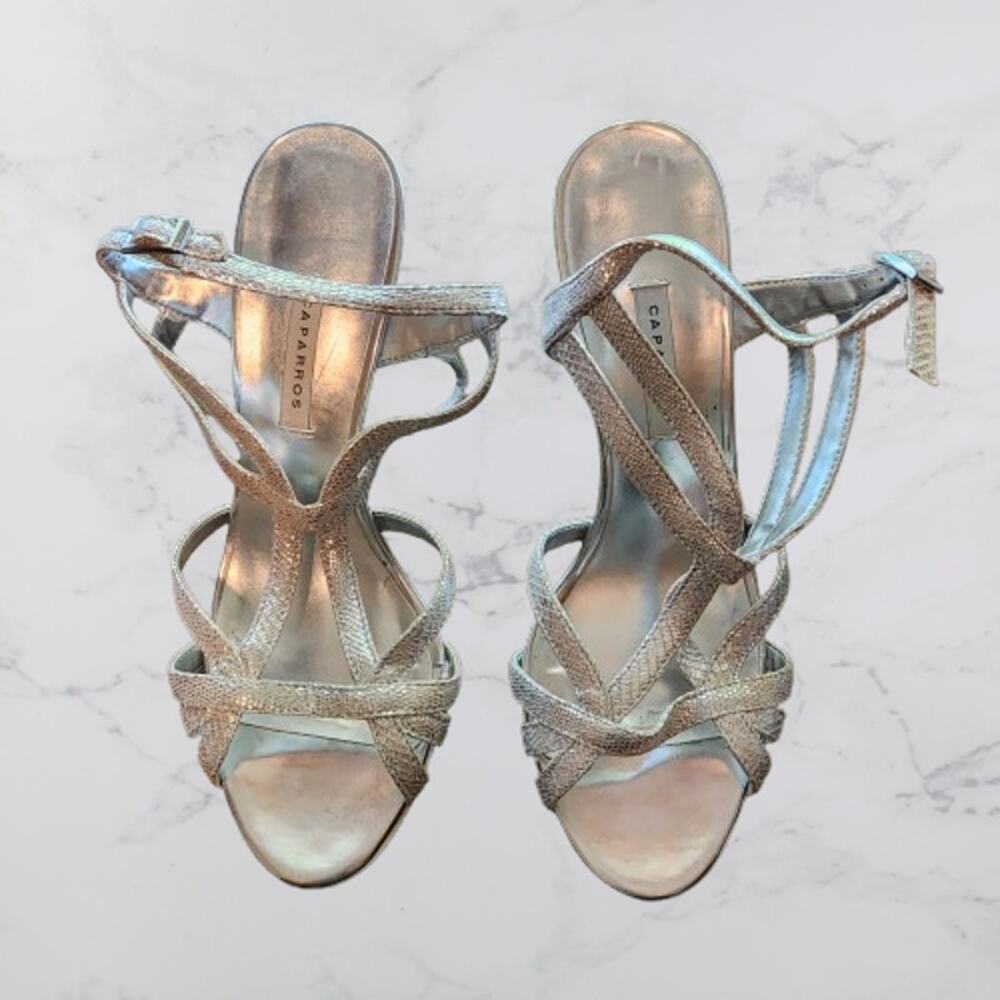 Caparros Silver Strappy Sandal Size 7.5 * 4-1/2" Heel EUC